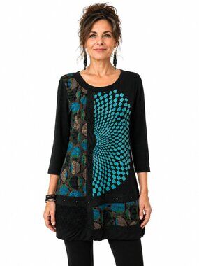 Dolcezza Womens Tunic Top Artsy Mixed Fabric Felt Studs Velvet 3/4 Sleeve Size S